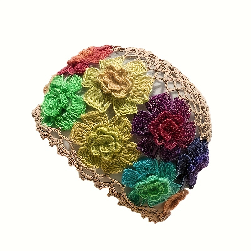 

Boho Flower Decor Beanies Vintage Hollow Out Crochet Skull Cap Handmade Knit Hats Classic Breathable Floral Beanie For Women