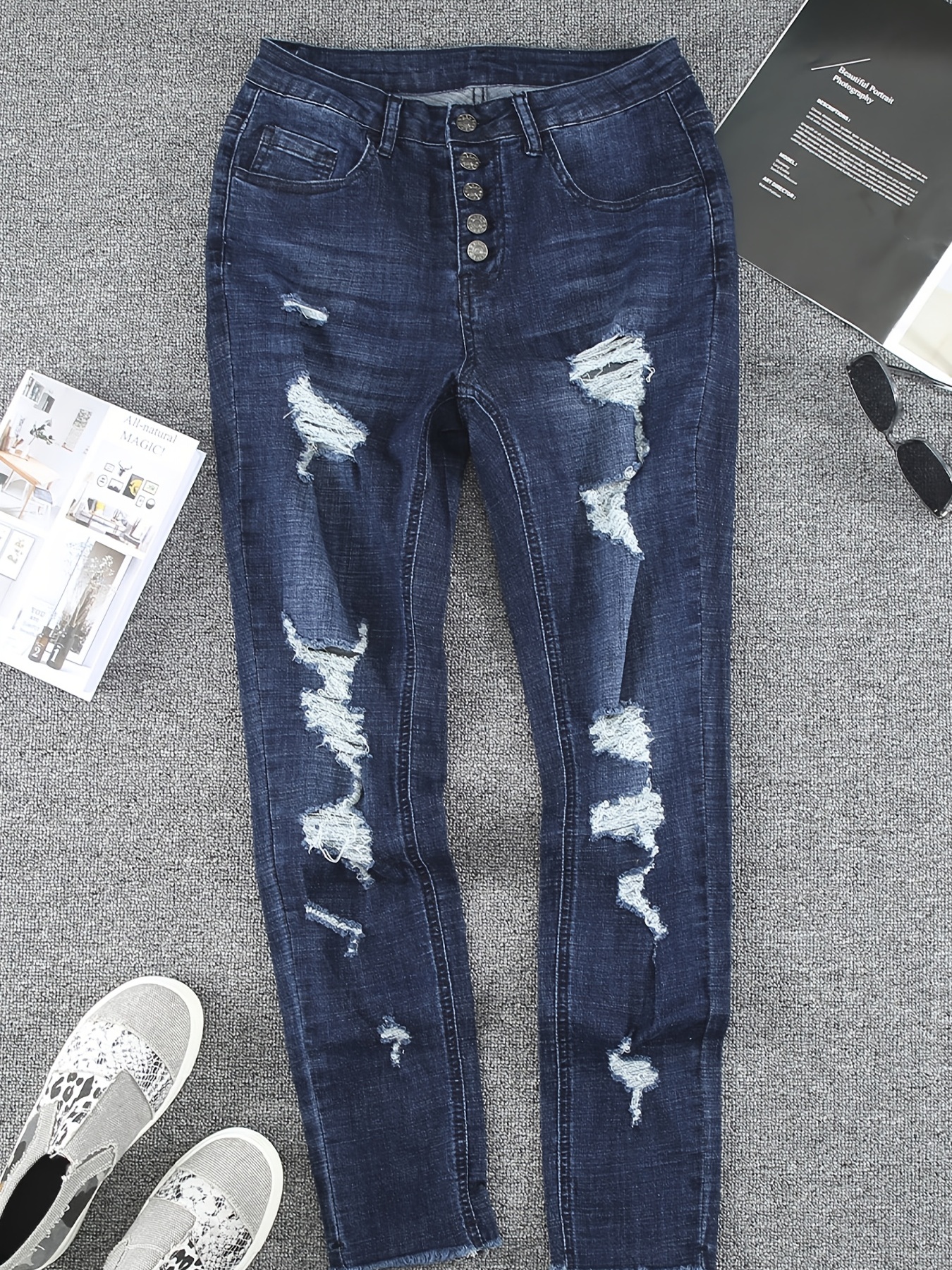 Blue Ripped Button Fly Jeans Distressed High Skinny Leg - Temu