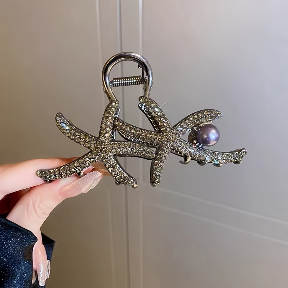 Large Flashing Artificial Diamond Pearl Double Starfish Clip