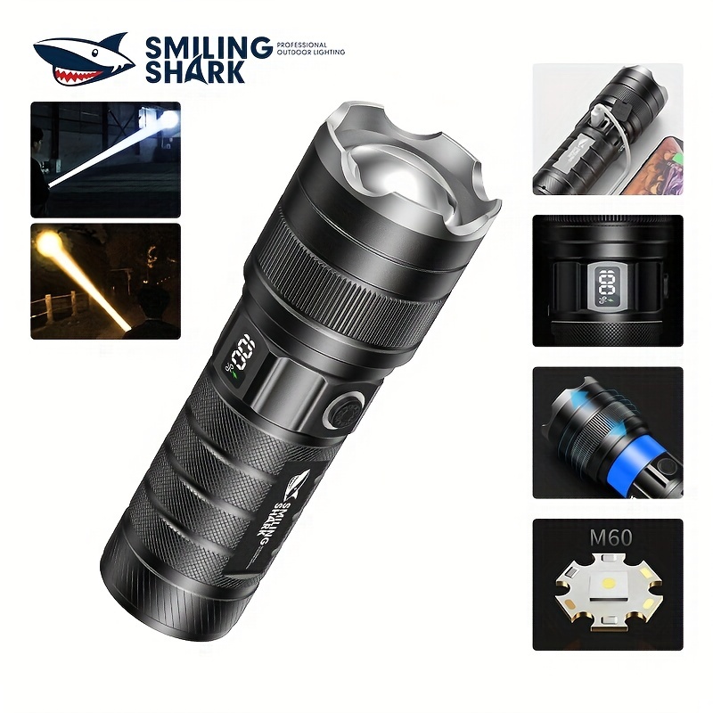 Smiling Shark Sd8101 Flashlight Led M60 P100 Zoomable Torchlight Waterproof  Rechargeable Flash Light Power Display Outdoor Camping Hiking Lighting, Find Great Deals