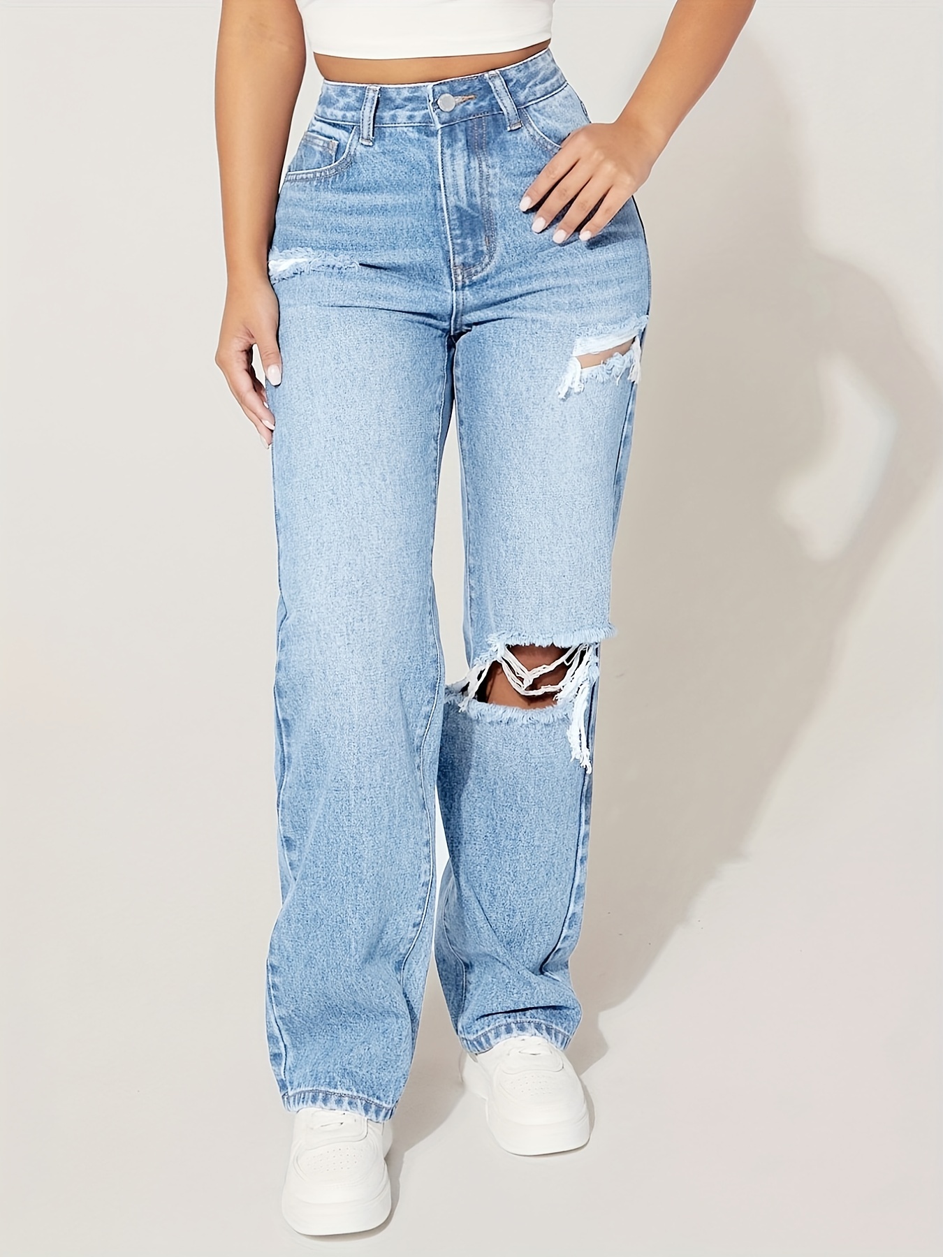 Blue Ripped Holes Straight Jeans Loose Fit High Waist Wide - Temu