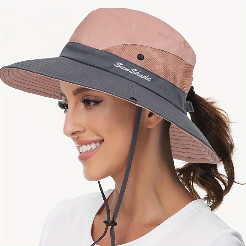 Sun Hat for Women UV Protection Bucket Fishing Hat with Ponytail-Hole,  Foldable Outdoor Sun Hats Mesh Wide Brim Beach Hat 