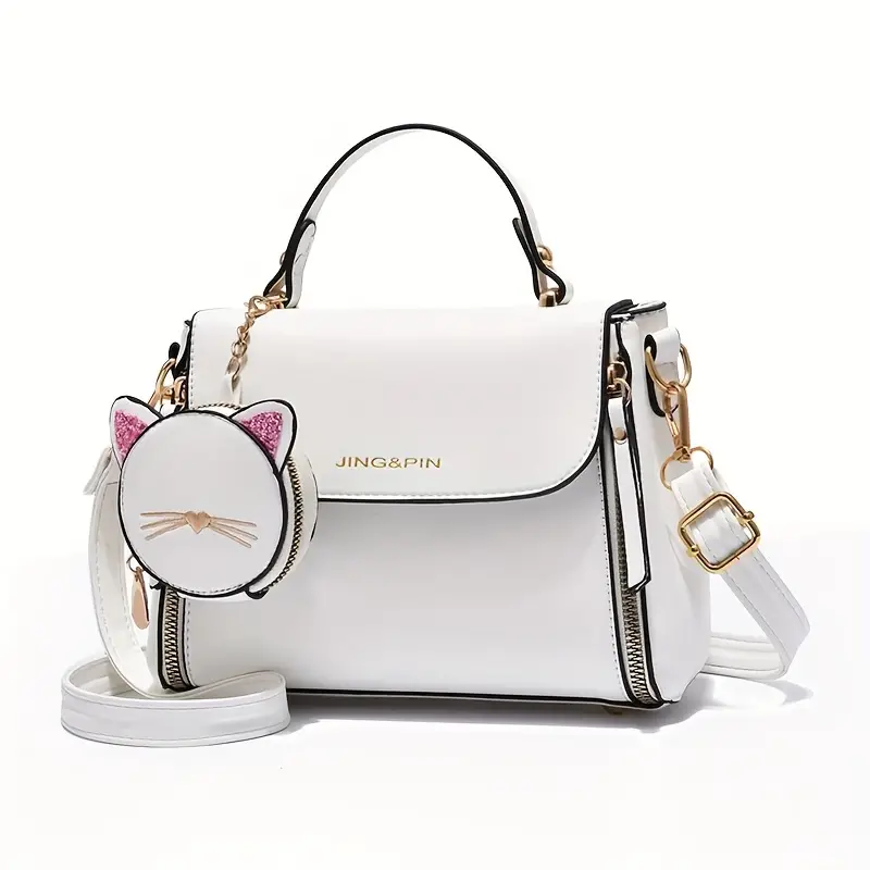 cute handbag with cat coin purse small zipper decor crossbody bag womens top handle square purse details 1
