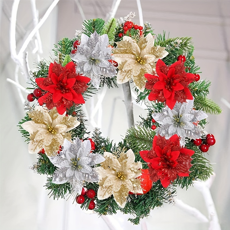 5pcs Glitter Christmas Flowers Xmas Tree Ornaments Decorations