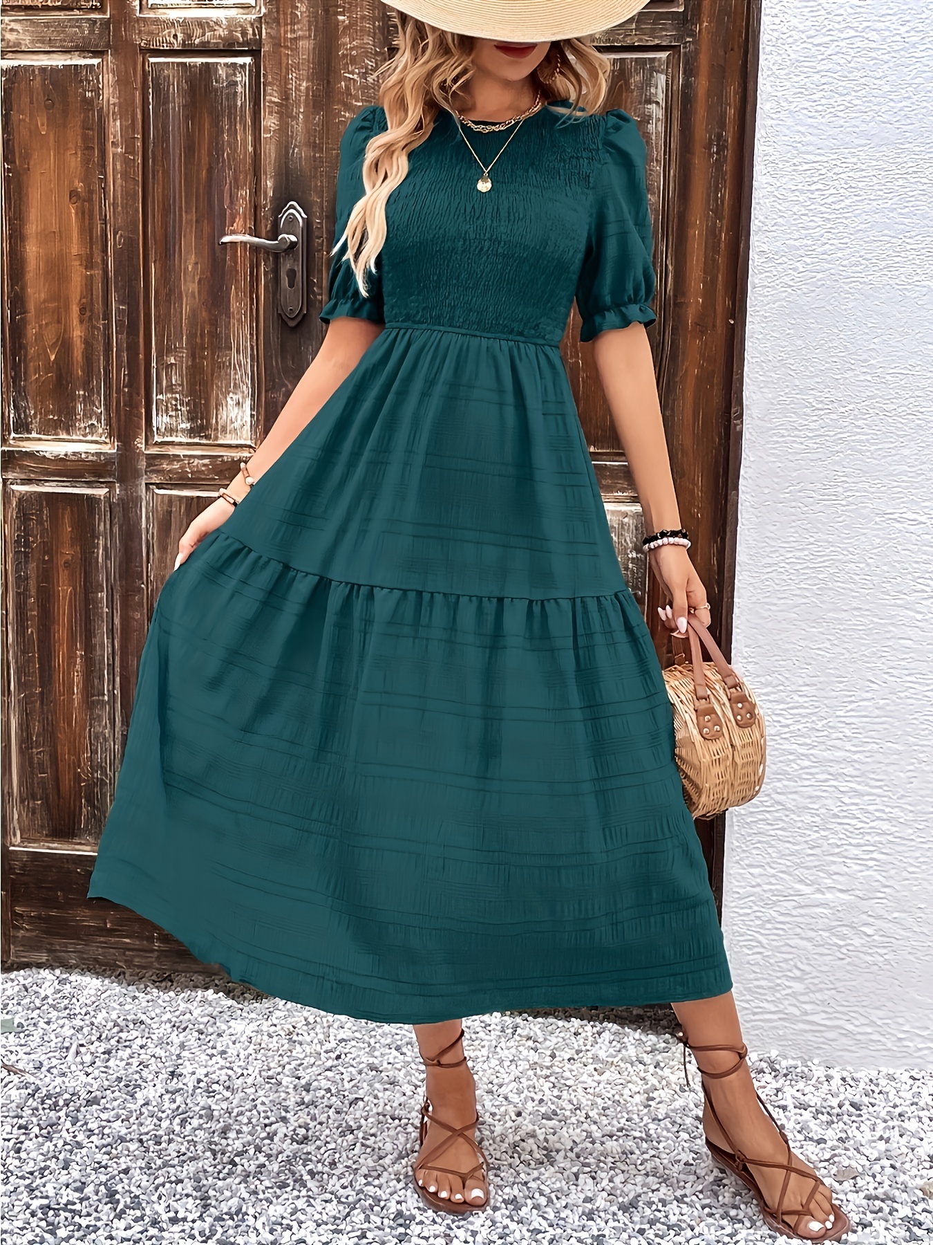 Solid Shirred Crew Neck Tiered Dress Casual Short Sleeve - Temu