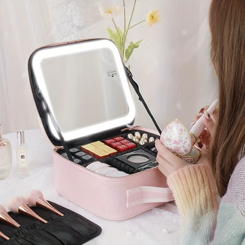 Makeup Bag with Mirror of LED Lighted,Travel Makeup Train Case Cosmetic Bag  Organizer with Adjustable Dividers,Makeup Case with Mirror and Detachable