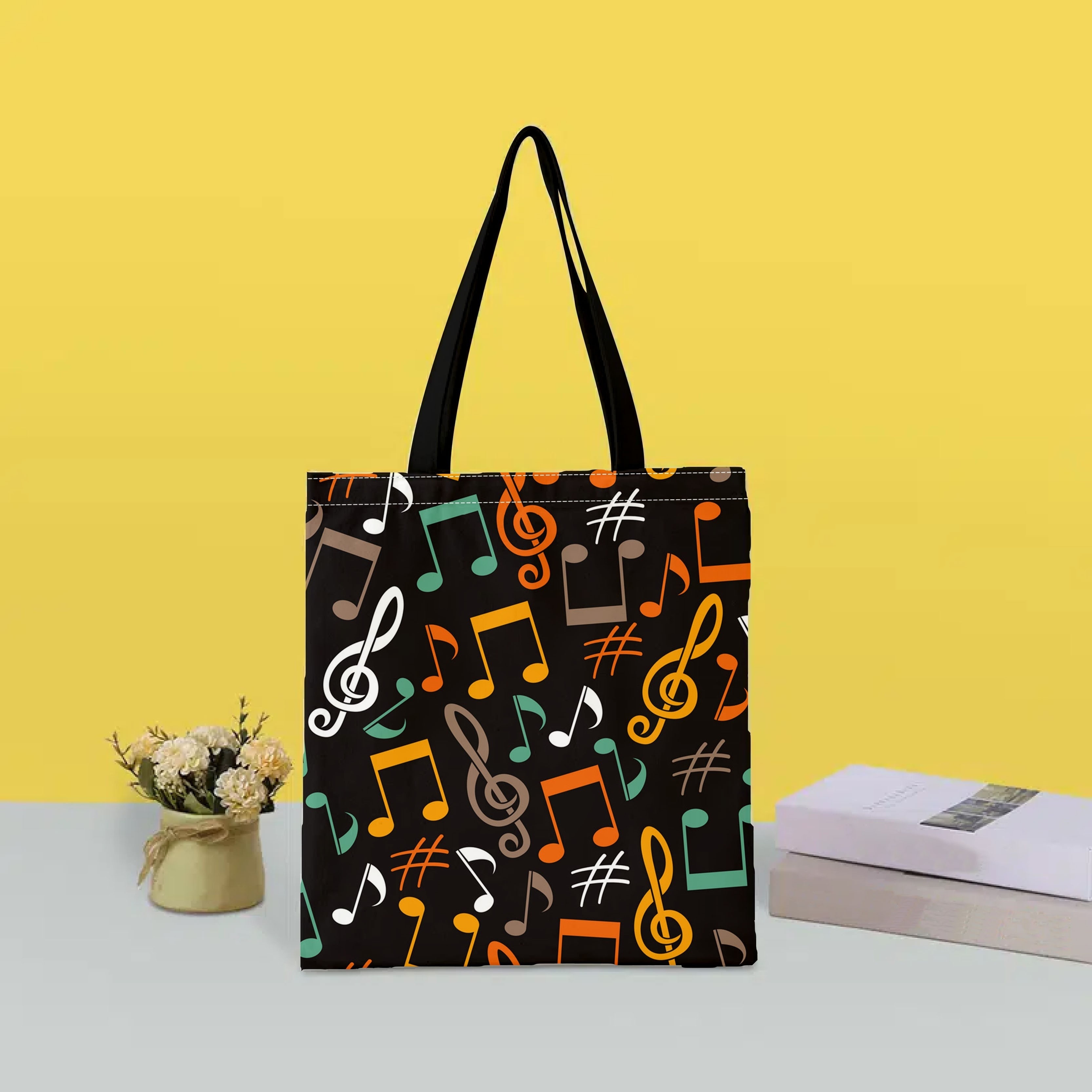 

Trendy Canvas Tote Bag, Sac à main à motif de notes de musique pour femmes, Sac de magasinage simple pour tous les jours