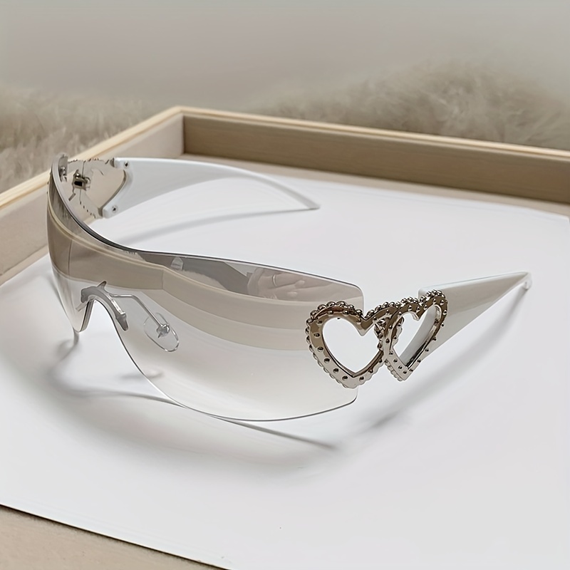 Rimless Y2K Wrap Around Sunglasses Metal Hollow Heart Shades Eyeglasses Solid Color Women's Travel Eyewear,Sun Glasses,Temu