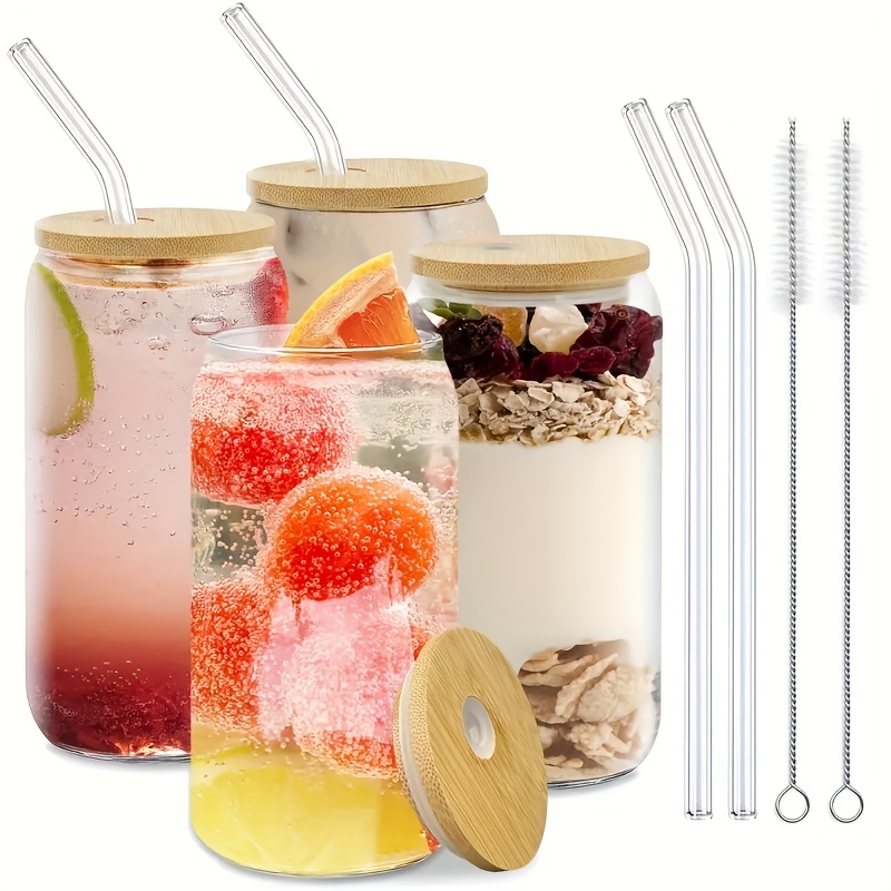 Transparent Can Shape Glass Cups With Glass Lid And Straw Ice