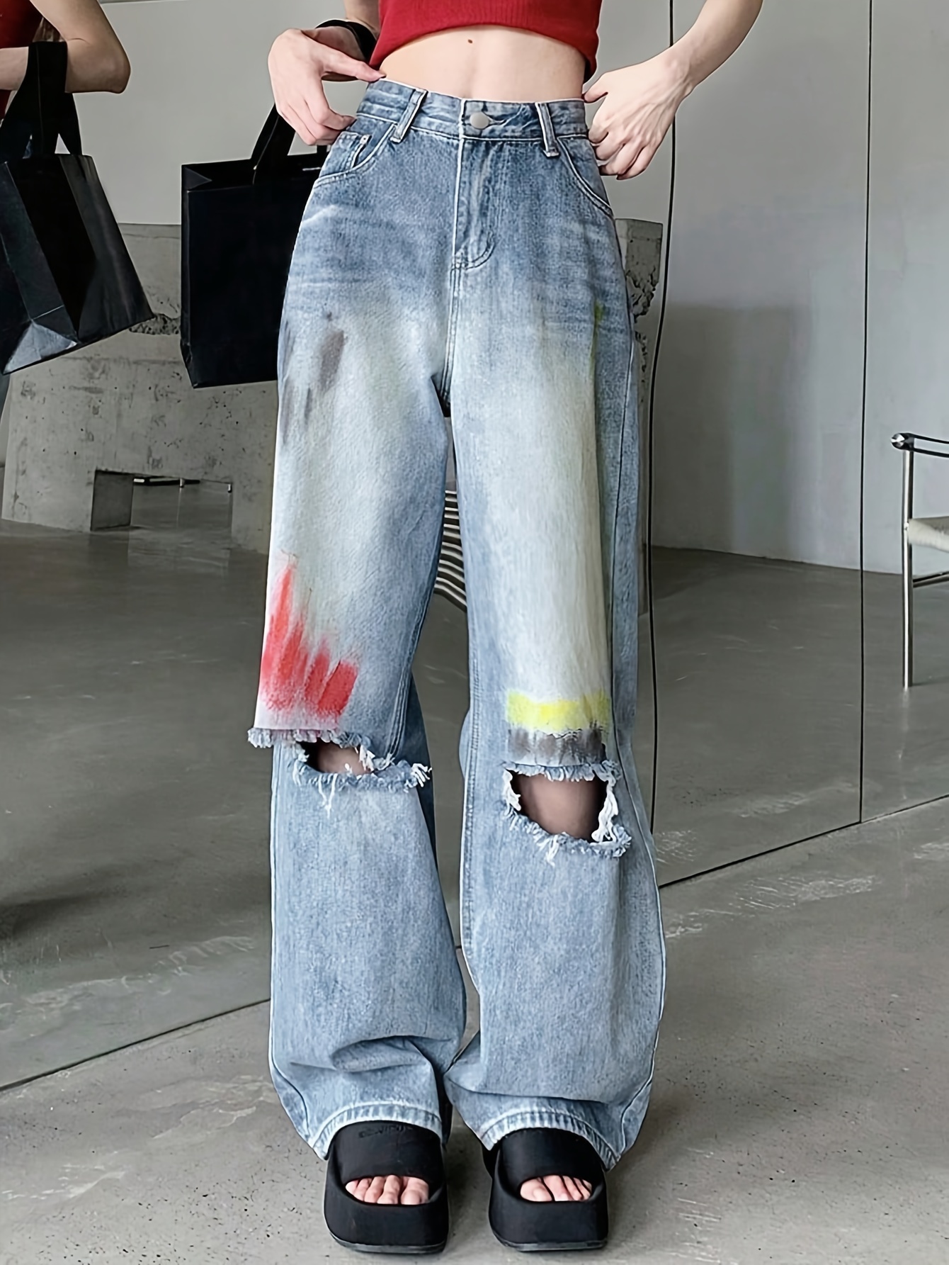 Women Rainbow Jeans Tie Dye Pants Denim Wide Leg Hip Hop Plus Size