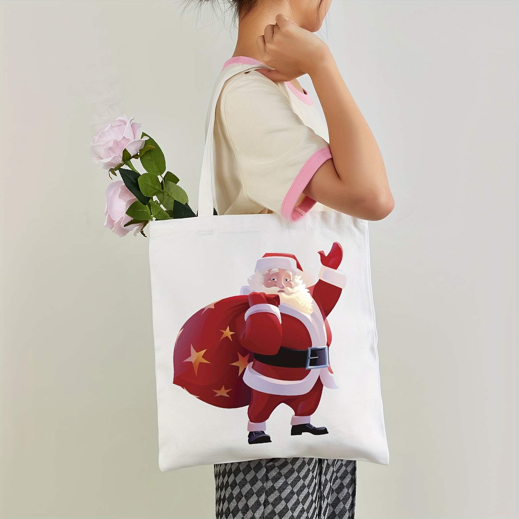 Christmas Shopping Bag Santa Claus Print Grocery Bag - Temu