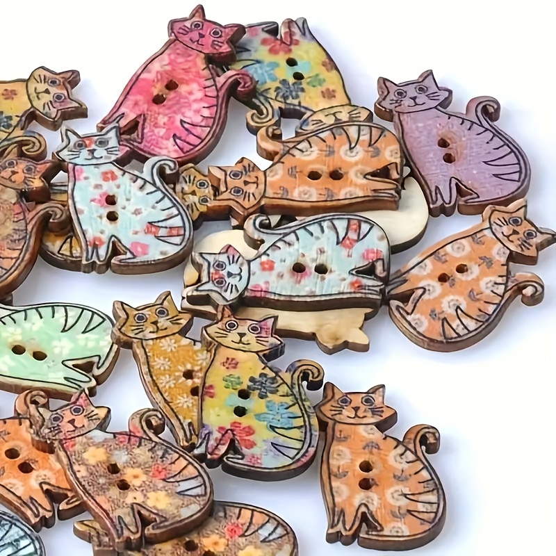 

50pcs Vintage Random Color 2-hole Cat Shaped Wooden Buttons Decorative Wooden Buttons For Diy Clothing Handmade Scrapbooking Craft