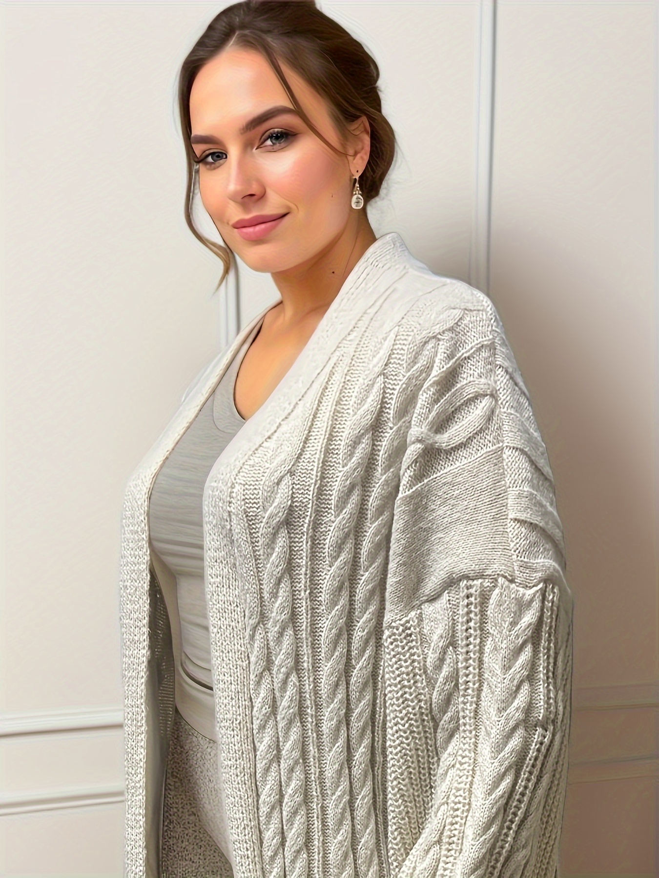 Solid Cable Knit Long Sleeve Open Front Cardigan
