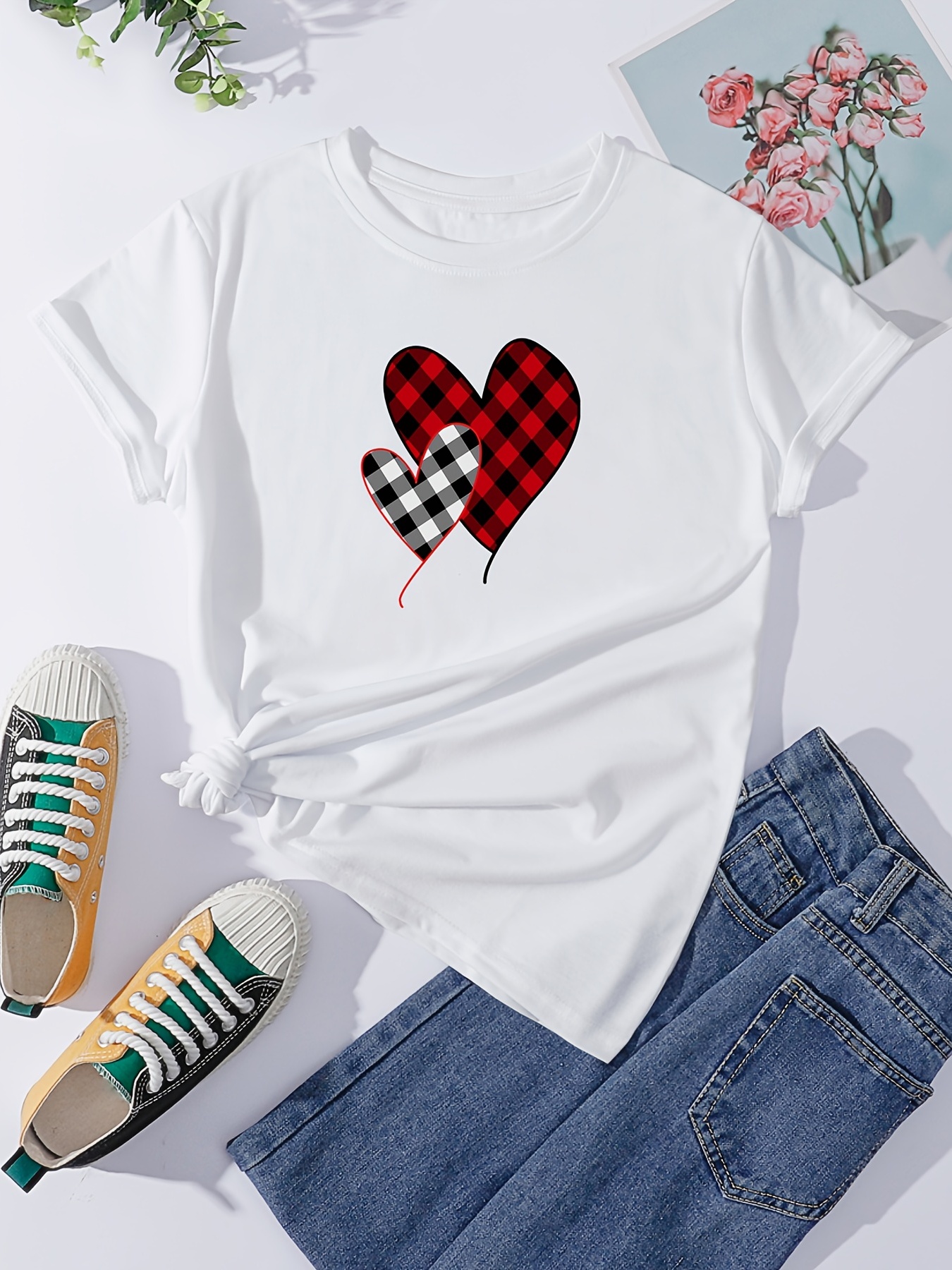 Plaid Heart Pattern Casual Crew Neck T-shirt, Short Sleeve Loose Comfy  T-shirt, Women's Clothing