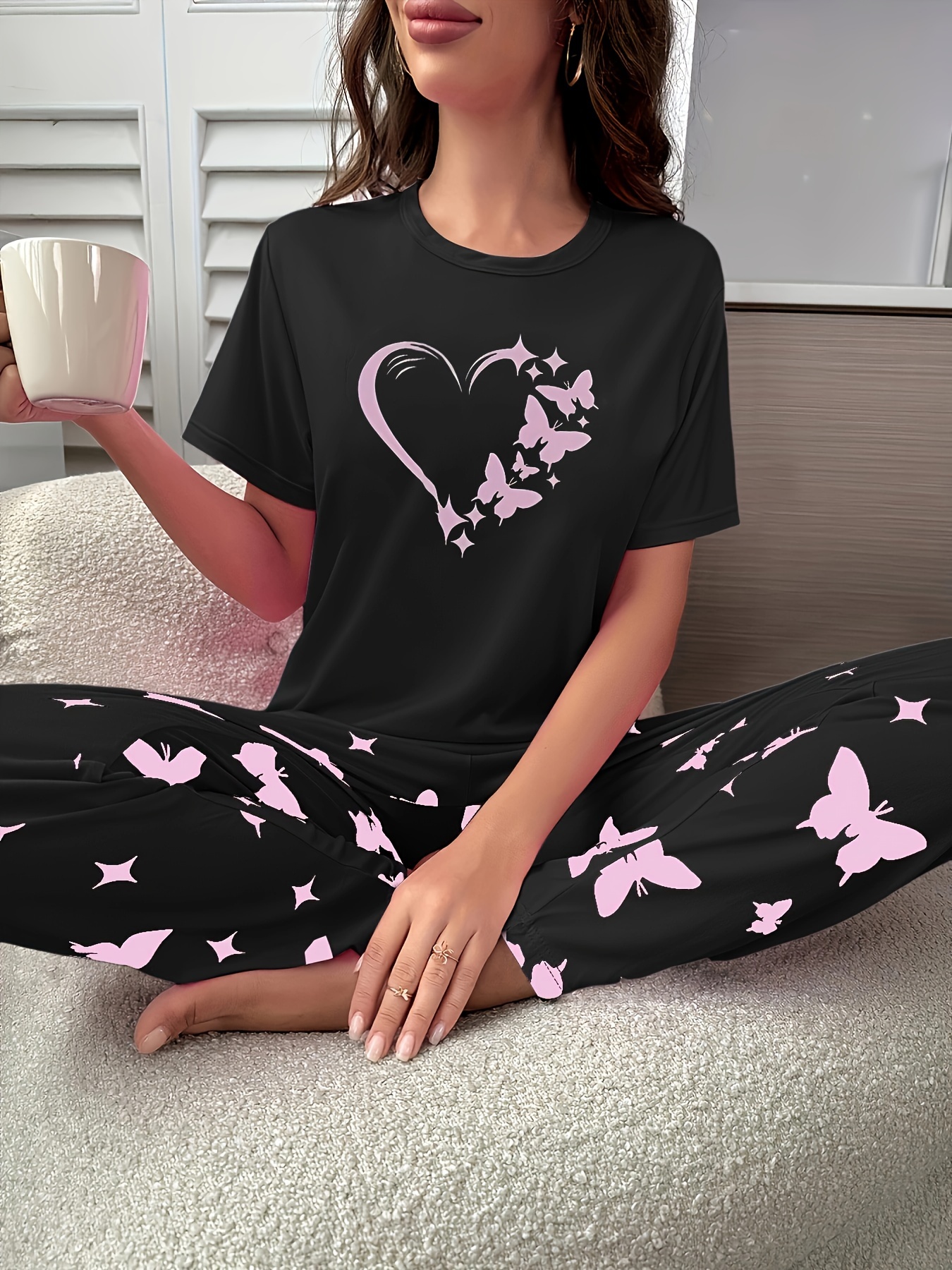 Summer Women's Loose Cute Pajamas Set Cute Prints Crew Neck - Temu Canada