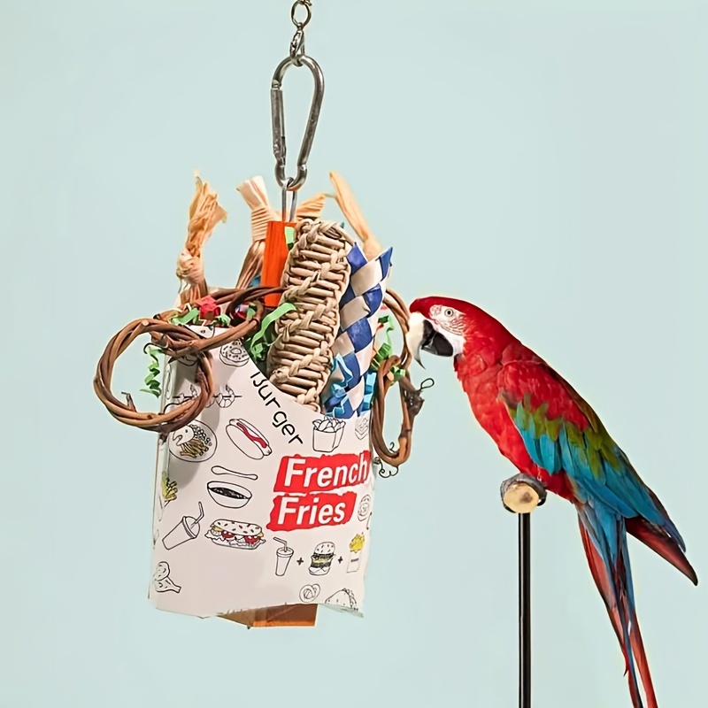 

1pc Random Color Bird Climbing Chew Toy Parrot Shredded Paper Toy Fun Foraging Bamboo Trap Cup Parrot French Fries Toy With Hanging And Hooks For Decor Accessories