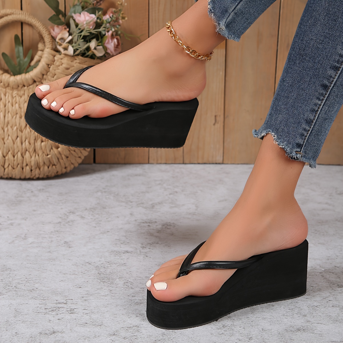 Womens Chunky High Platform Wedge Flip-Flops Sandals
