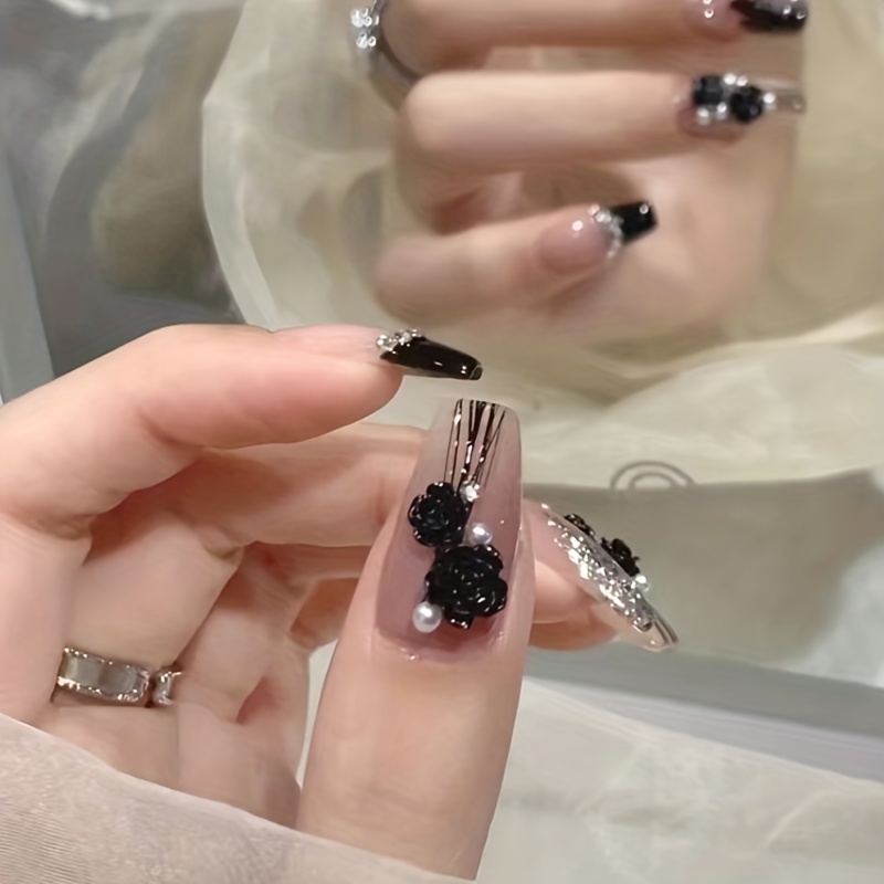 Long Luxury Rhinestone Fake Nails Black French Tips Press On False Nails  Natural Full Cover Coffin Artificial Fake Nails For Women Girls, Halloween  Nails - Temu