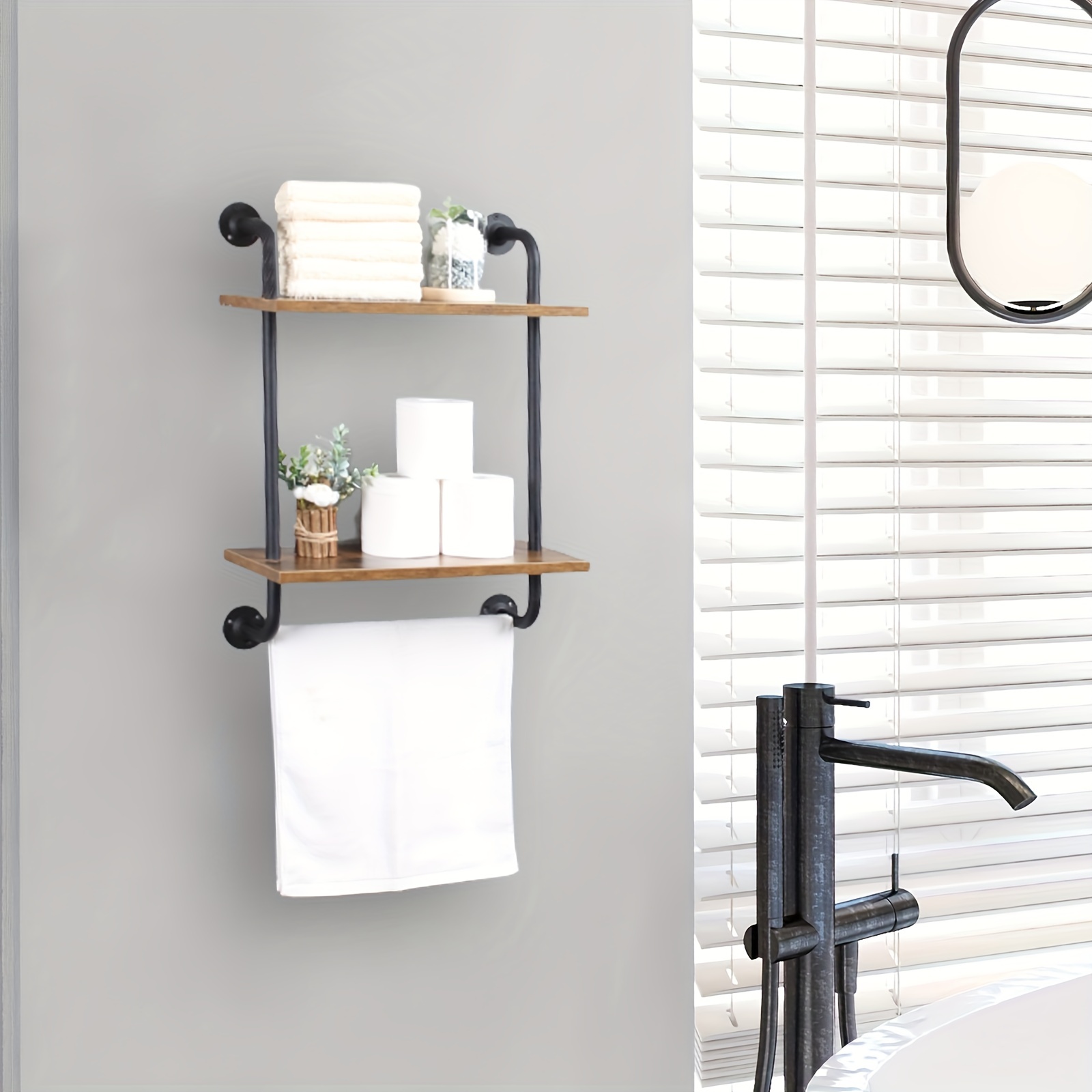 2-Tier Rustic Bathroom Shelves with Towel Bar Wall Mounted Wood