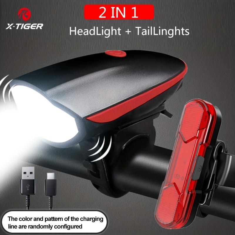 

250 Lumen Usb Rechargeable Waterproof Bike Front & Bicycle Horn Set - Easy To Strap On With Silicone Belt - Mountain Road Bike Lights For Riding/cycling Lighting (random Color Charging Cable)