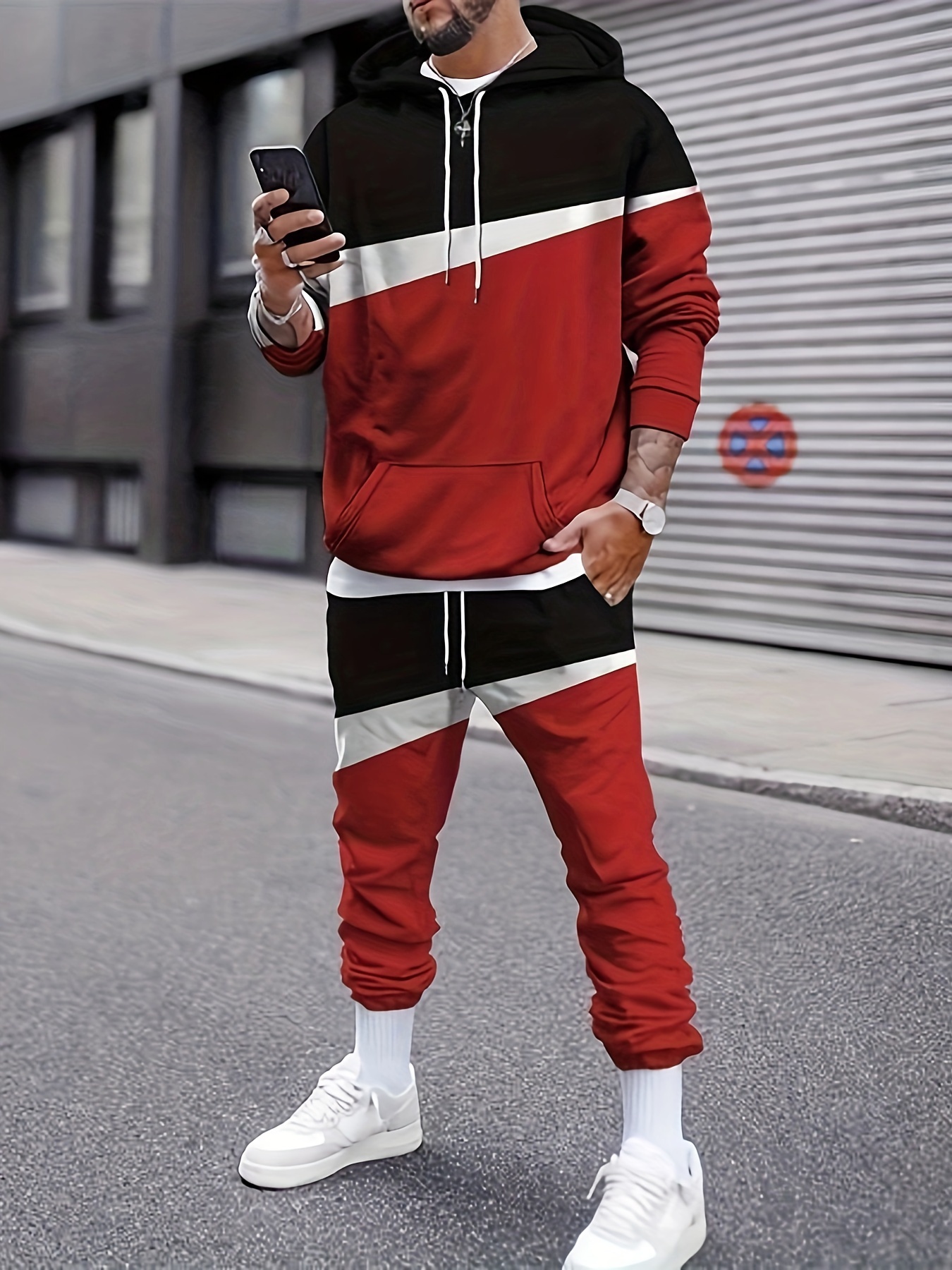 Color Block Men's 2Pcs Outfits, Casual Hoodies Long Sleeve Sweatshirt And  Sweatpants Joggers Set For Winter Fall, Men's Clothing
