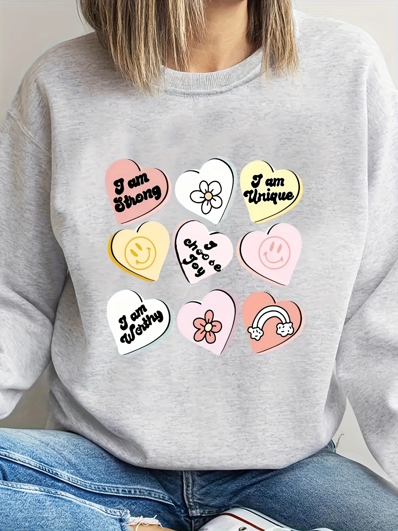 Double Hearts Print Sweatshirt Cute Long Sleeve Crew Neck - Temu