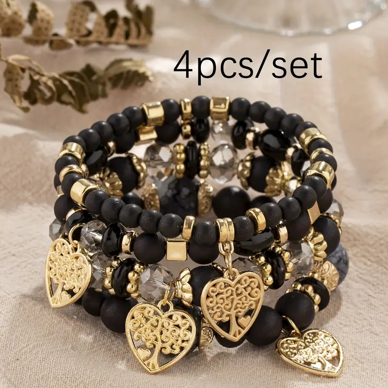 4pcs set bohemian multi layer glass bead handmade bracelet hollow heart multi layer tassel bracelet for men women details 5