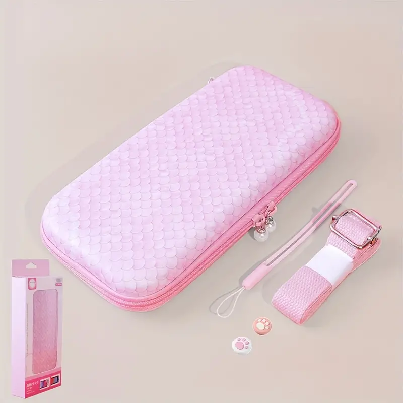 carrying case compatible with nintendo switch oled switch hard shell protective travel bag with 10 game card slots for ns switch console joy con accessories with 2 thumb grip cap pink fish scale details 7