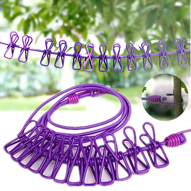 Cloth Drying Rope with Hooks - Pack of 2  Elastic Hanging Clothesline with  12 Clips
