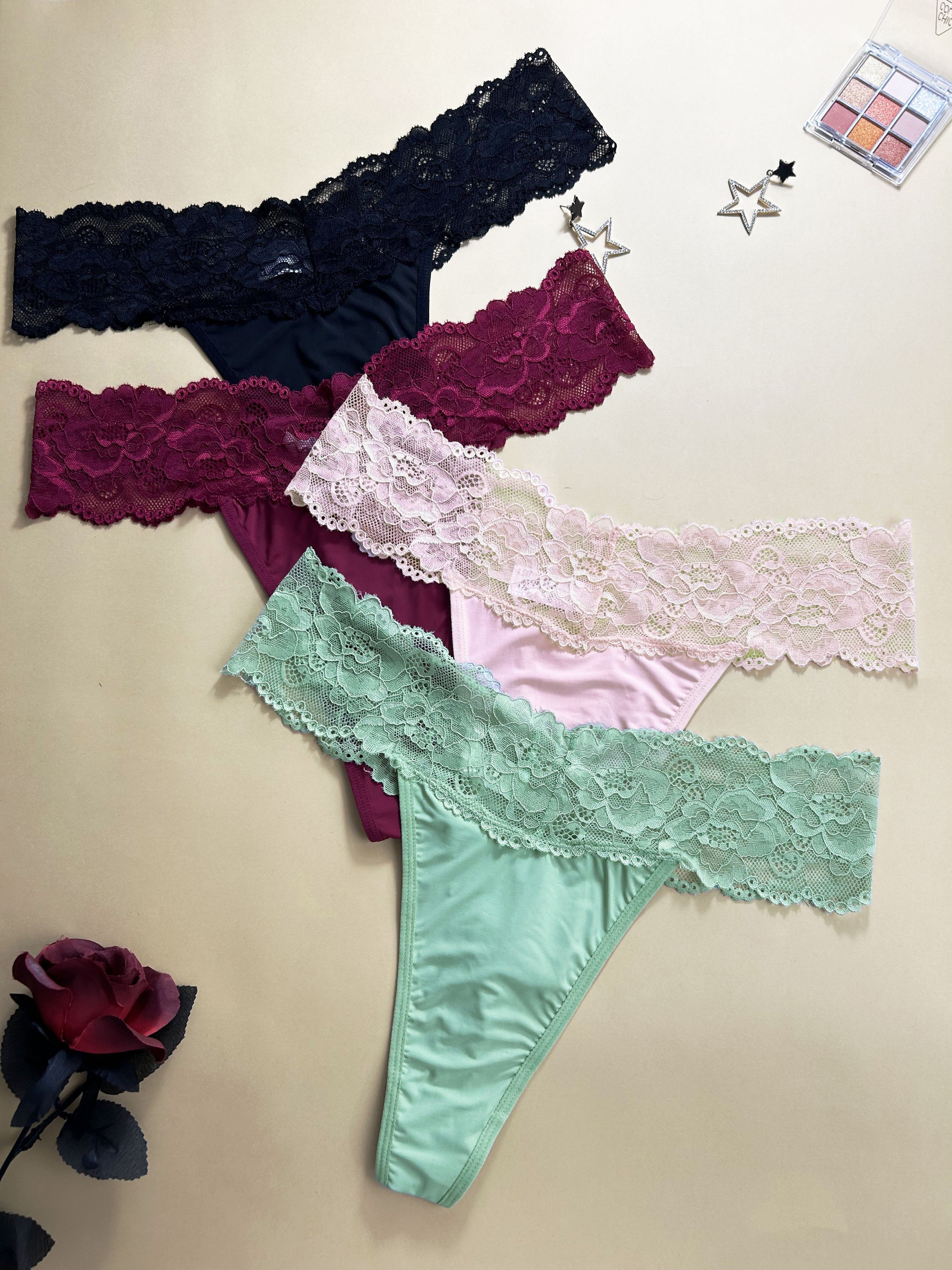 4 Pack Plus Size Sexy Panties Set, Women's Plus Contrast Lace High Waisted  Medium Stretch Soft Thong Four Piece Set