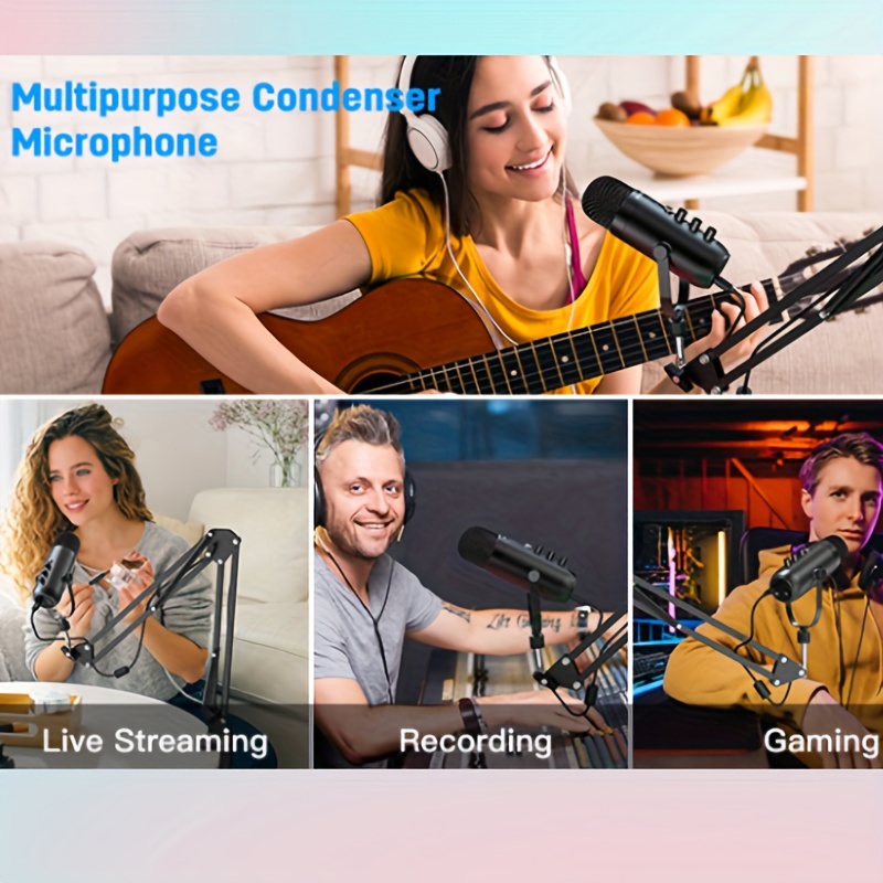 Gaming Microphone Kit,Podcast Condenser Usb Mic With Boom Arm,Supercardioid  Microphone With Mute Button,Echo Volume Gain Knob,Adjust Monitor For Phone  Pc Computer Tablet Streaming Recording