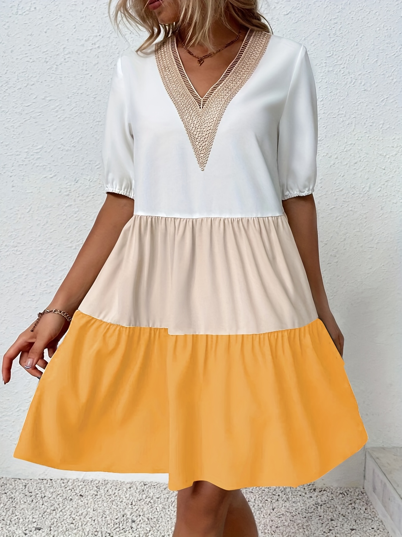 Color Block V Neck Dress Casual Short Sleeve A Line Knee - Temu