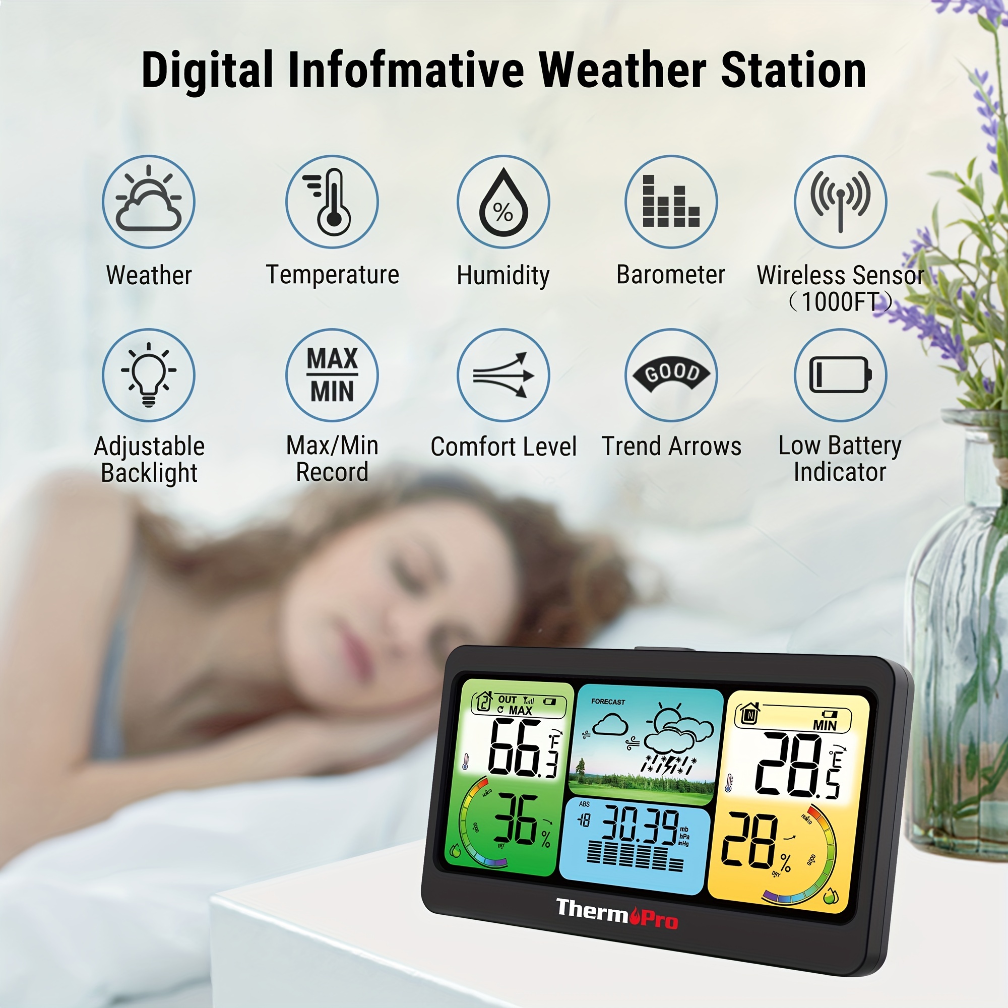 Newentor Weather Stations Wireless Indoor Outdoor Multiple Sensors, Indoor  Outdoor Thermometer with Atomic Weather Clock Battery Powered, Temperature