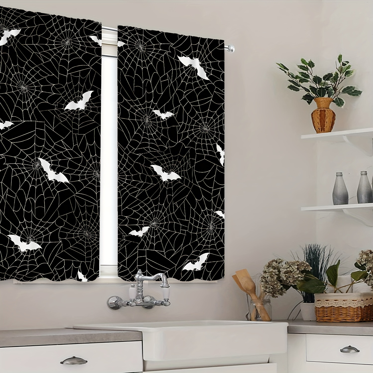 2panels Halloween Bat Spider Web Curtain Study Room Kitchen - Temu