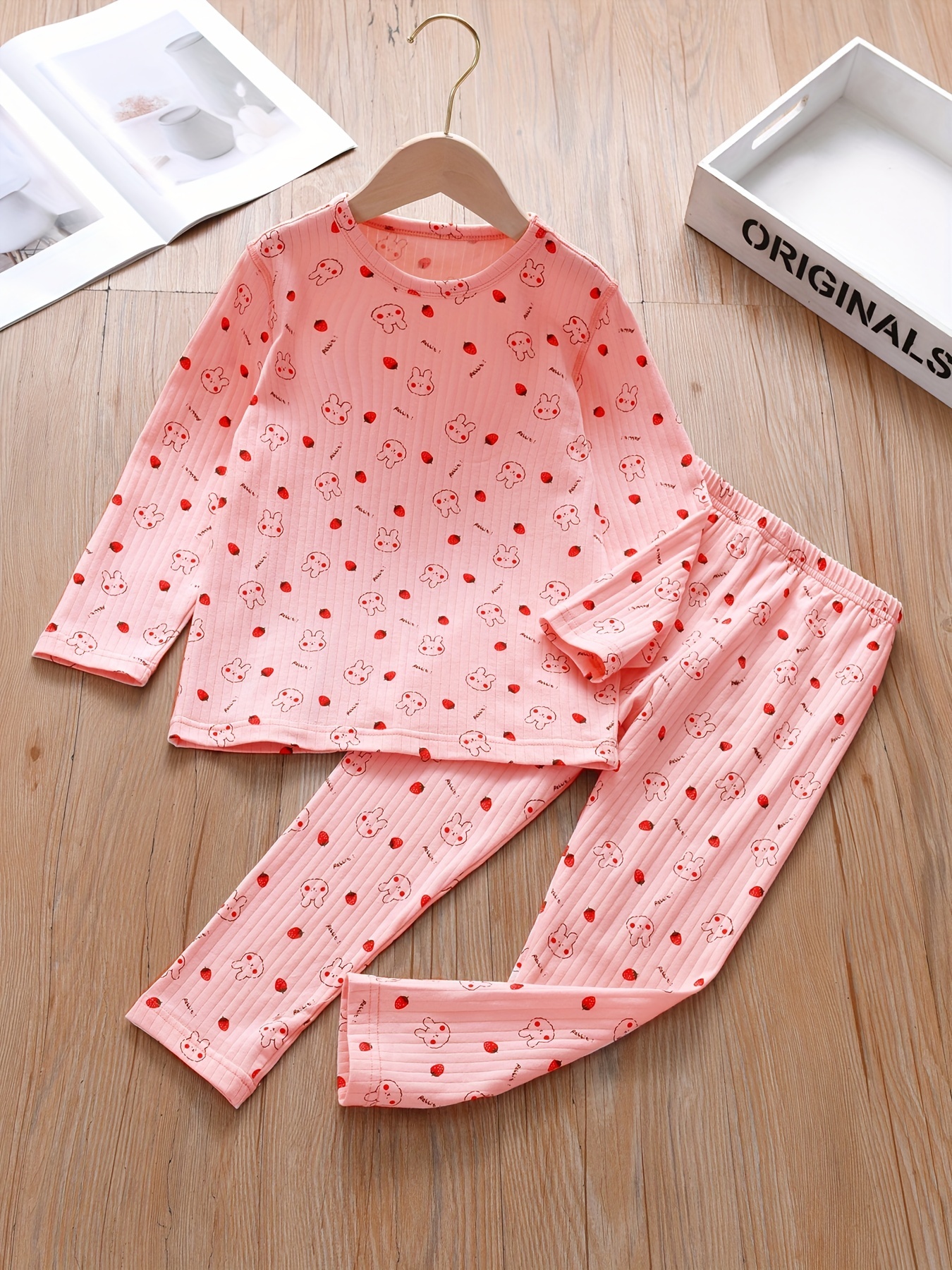 Kid s Cotton Ribbed Pajamas Long Sleeve Top Pants Set Temu