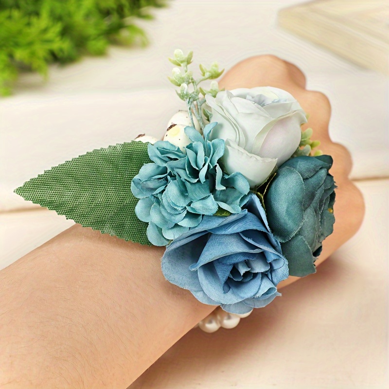 Latious Wedding Prom Wrist Corsage Rose Bridesmaids Hand Silk Flowers  Wristband Bridal Party Decor for Women and Girls (Blue Camellia)