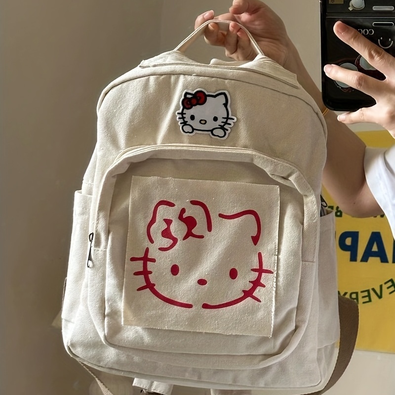 Hello Kitty Backpack Large Capacity Bags Y2k Cute Fashion Canvas Schoolbag  Adult Punk High Street Shoulder Message Bag Neutral