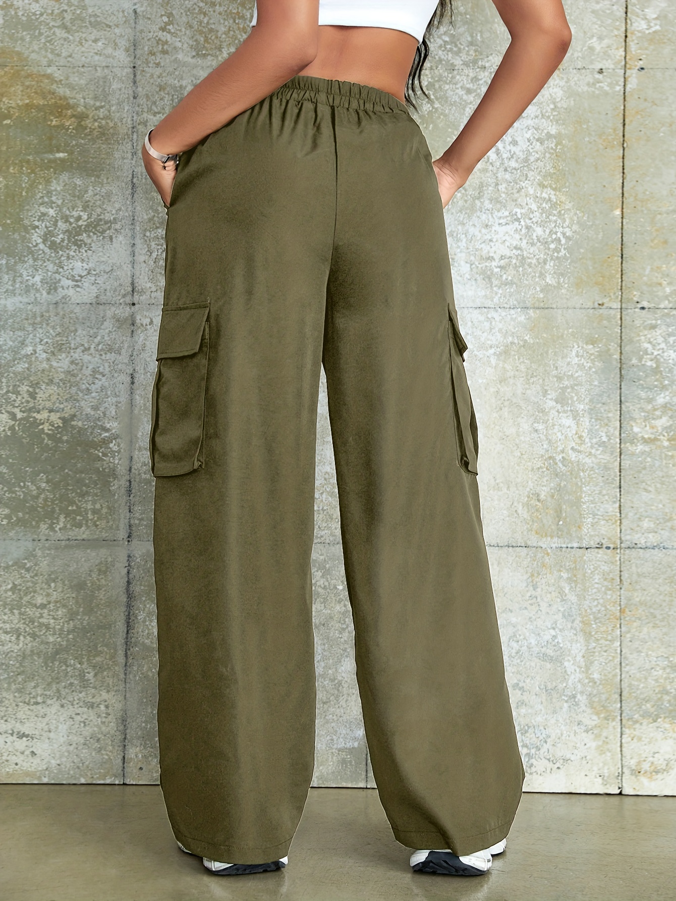 Army Green Cargo Pants Flap Pockets High Waist Loose Fit Non - Temu Canada