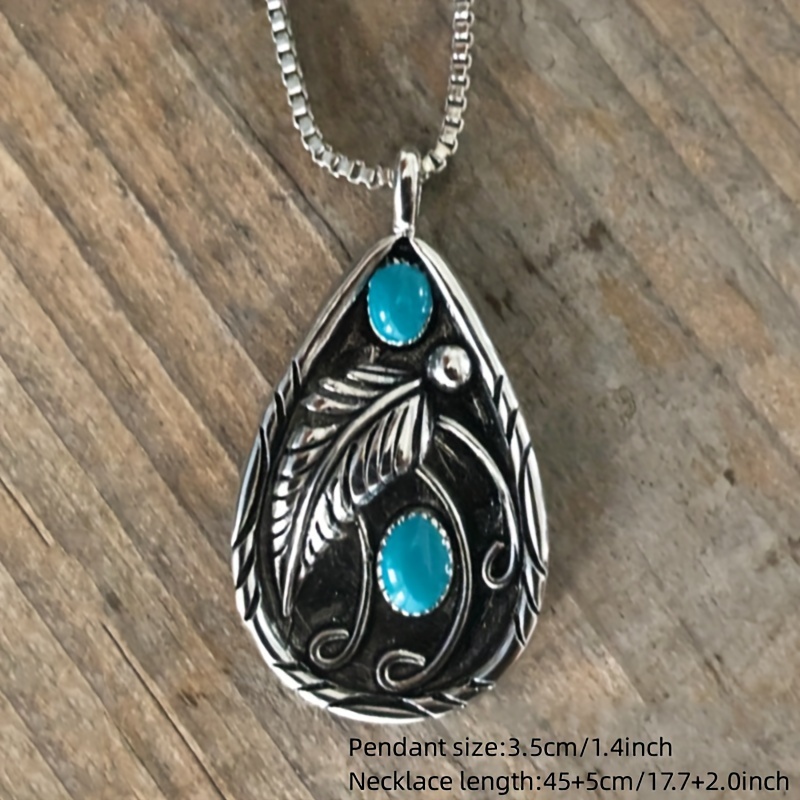 1pc new fashion vintage inlaid turquoise retro dyed black feather pendant necklace jewelry party gifts details 3