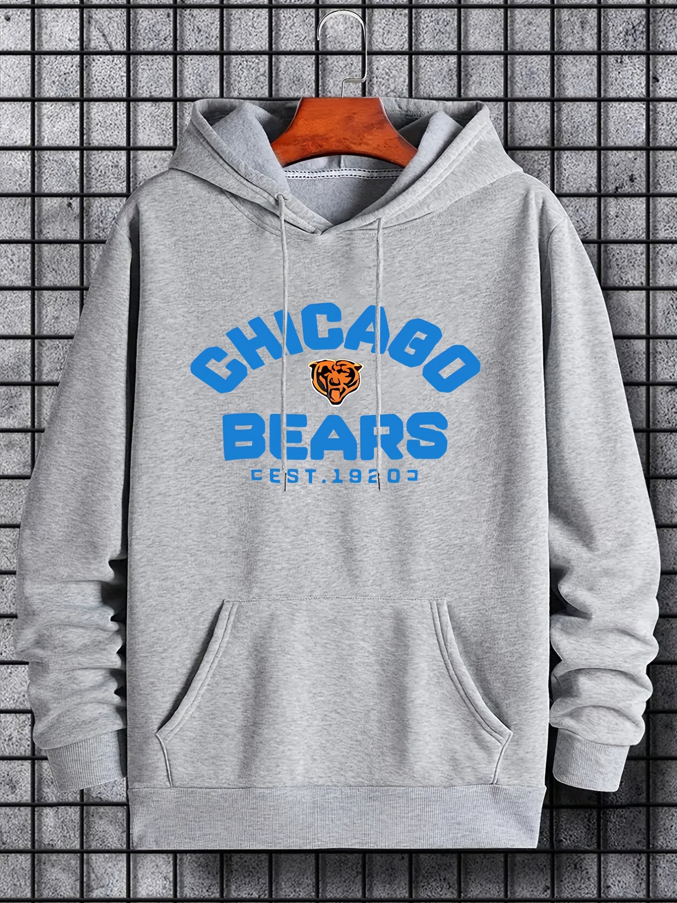 Plus Size Casual Sweatshirt, Men's Stylish Chicago Bears Print Long Sleeve Drawstring Hoodie, Pullover Sweatshirt,Temu