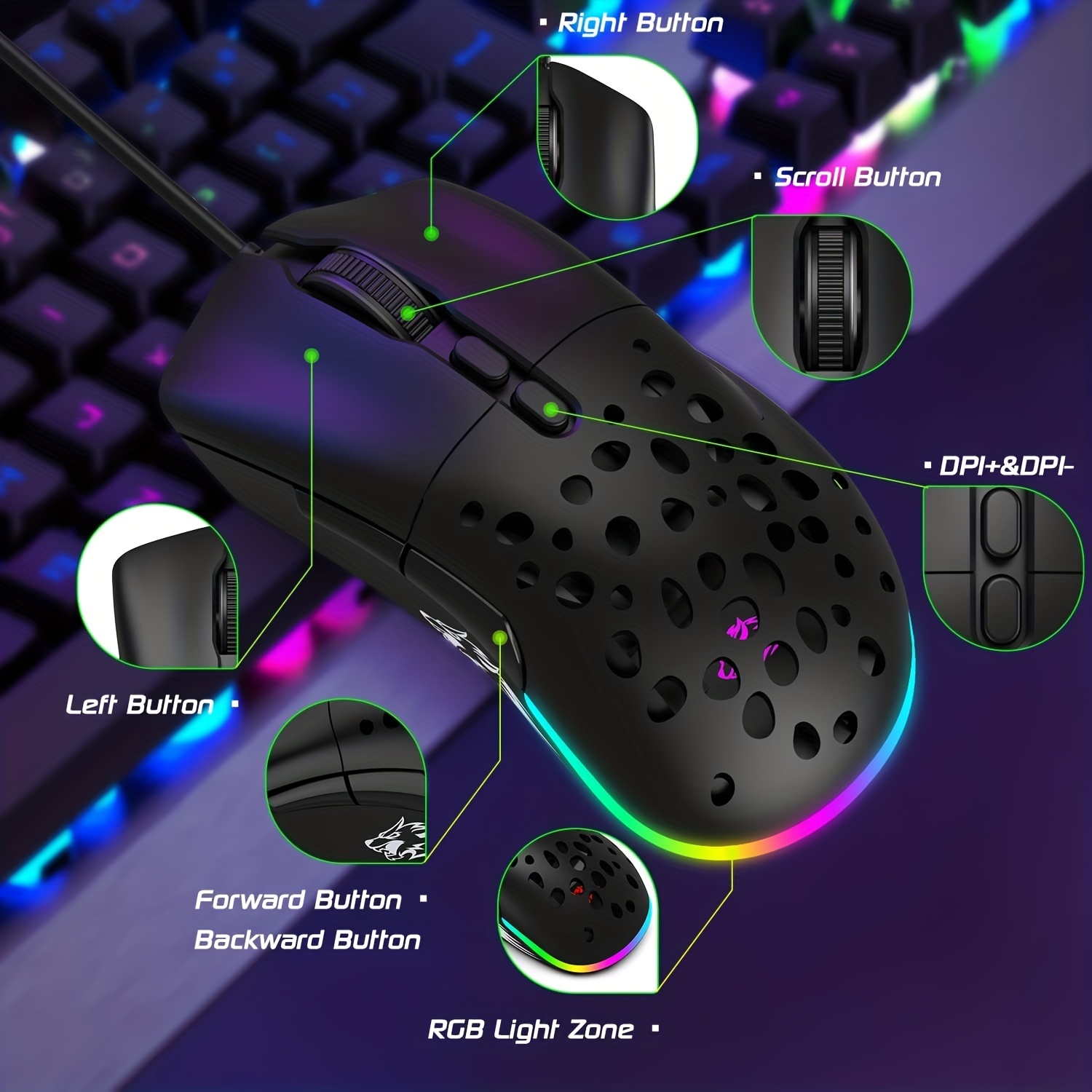 Wired Ultralight Drag Clicking PC Gaming Mouse with Side Buttons RGB  Backlit Honeycomb with Weight Tuning,Extra Interchangeable Back  Plate,12,000 DPI