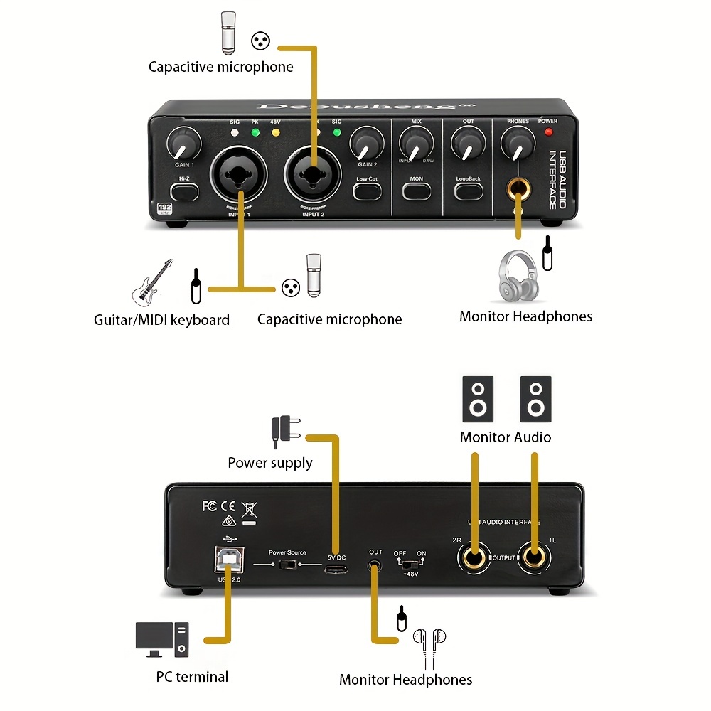 BOMGE Mini interfaz de audio USB de 2 canales para grabación, transmisión y  podcasting, con alimentación fantasma XLR/48V, interfaz de audio de