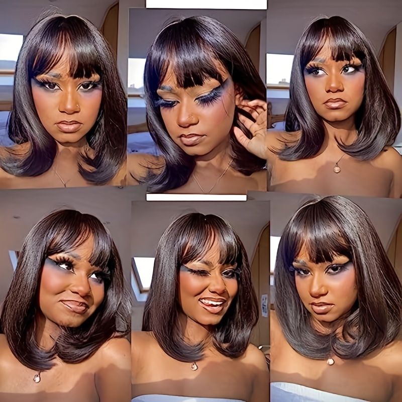 180 density straight bob wig with bangs for women natural human hair lace front wig with machine made construction details 6