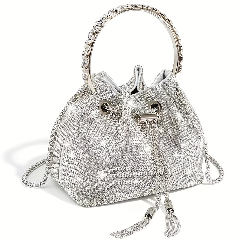 Bling Rhinestone Decor Bucket Bag, Trendy Chain Crossbody Bag, Women's Top Ring Handbags for Prom Party Wedding,Women Purses,Temu