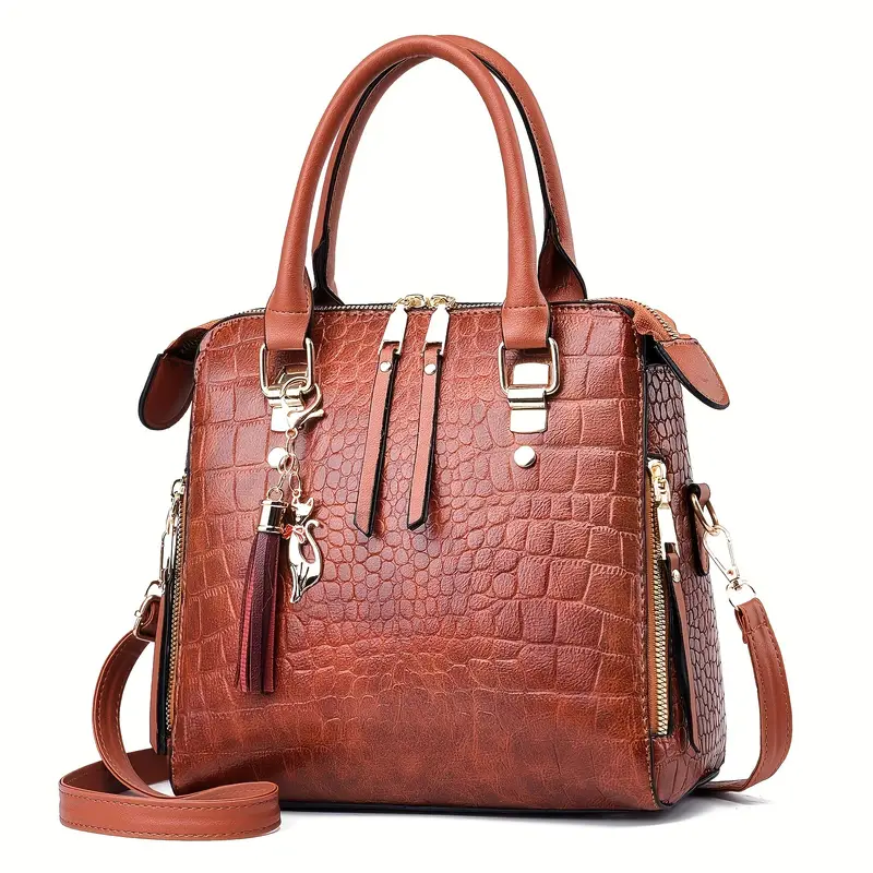 fashion crocodile pattern handbag luxury faux leather crossbody bag women satchel purse with tassel details 1