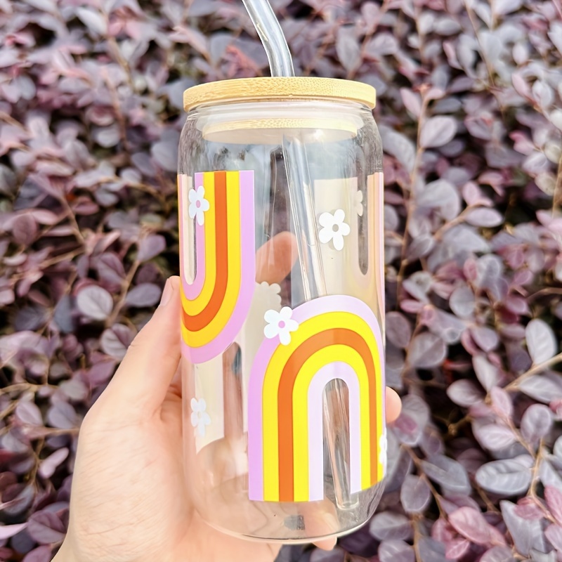 Retro Flower Can shaped Glass Tumbler With Bamboo Lid Straw - Temu