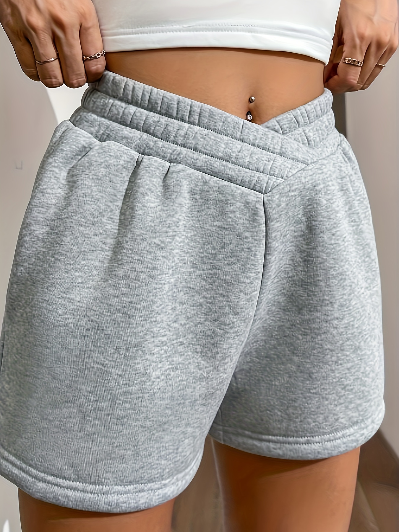 Solid Crisscross Elastic Waist Shorts, Casual Slant Pocket Sporty Shorts, Women's Clothing