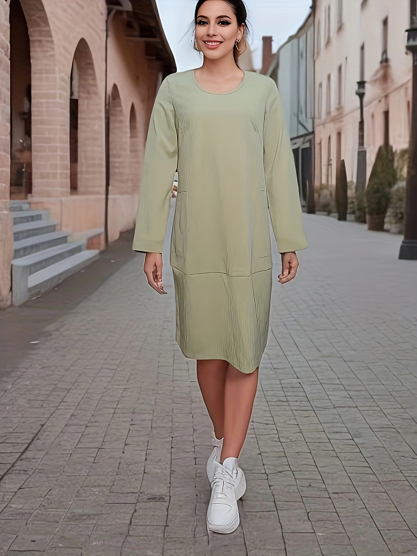 solid crew neck dress casual long sleeve midi dress womens clothing