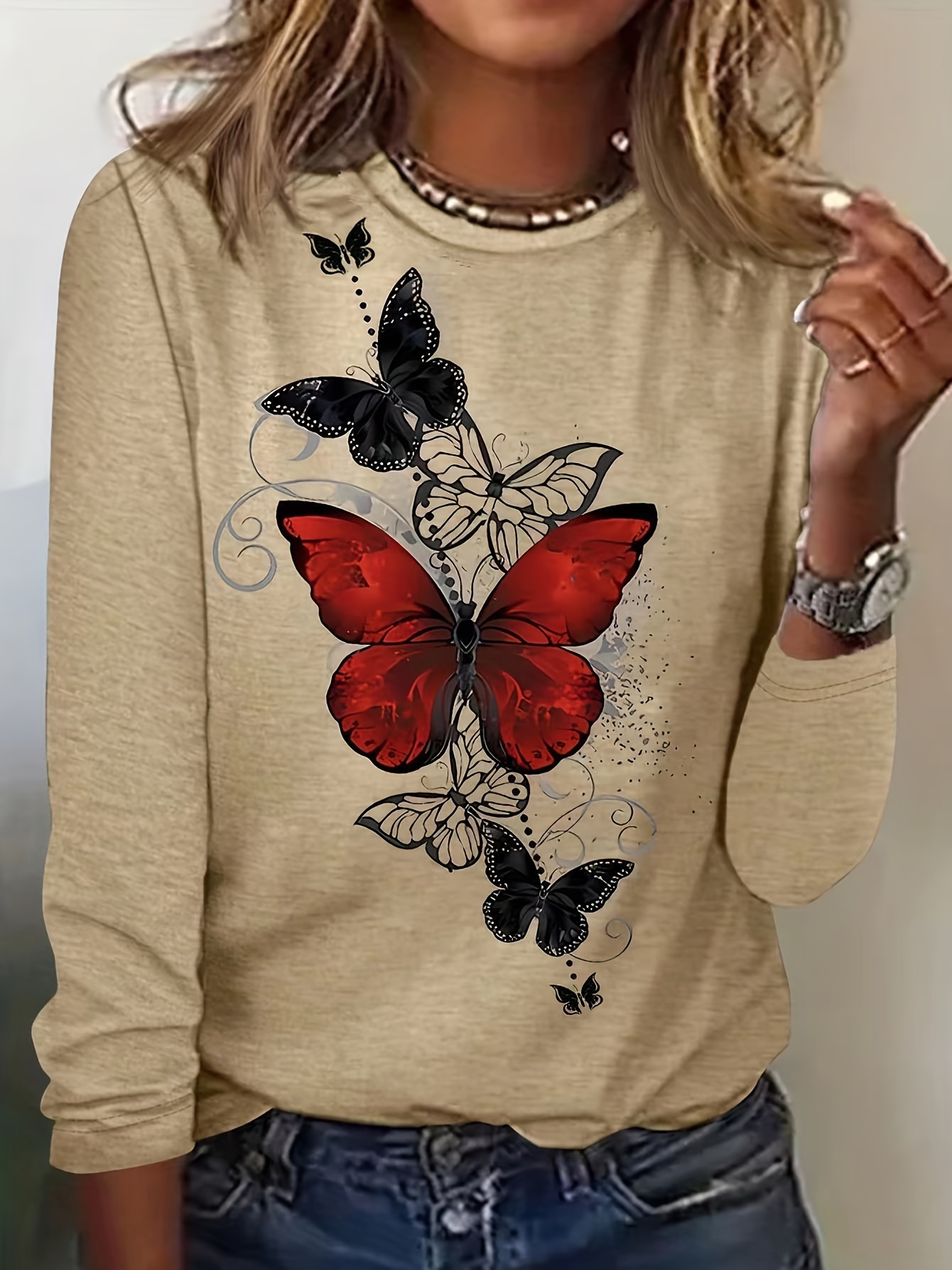 Camiseta Cuello Redondo Estampado Mariposa Top Casual Manga Temu