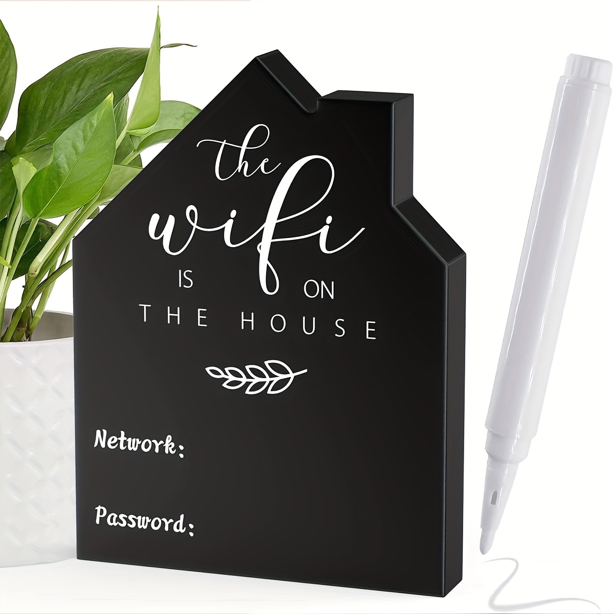 

1pc, Wifi Password Plaque Suitable For Home, Made Of Solid Wood, In The Shape Of A Standalone Blackboard House, Erasable With A Pen, Restaurant Decor